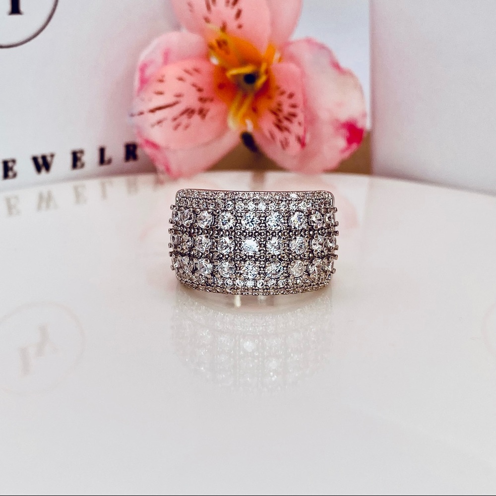 925 Sterling Silver Pave Diamond CZ Statement Wide Ring - Picture 4 of 10